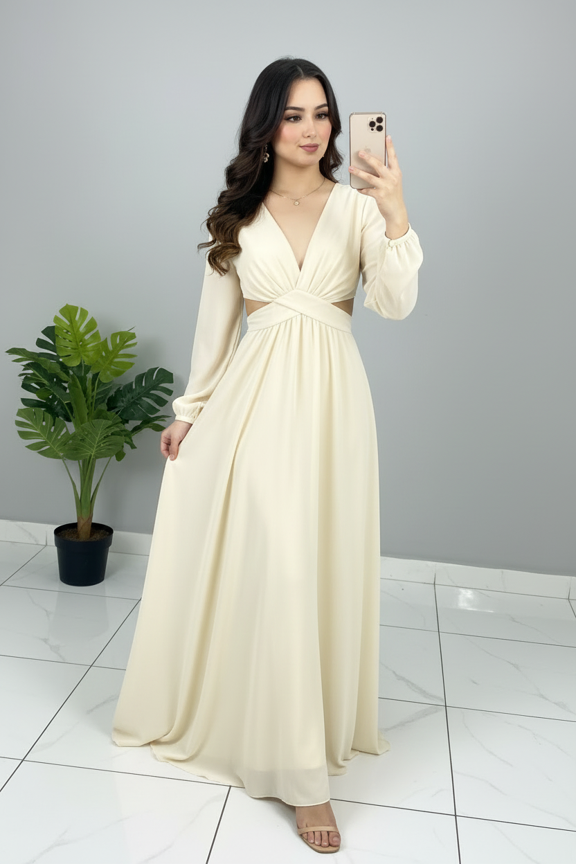Vestido Crema Marfil Escote V Mangas Largas con Cut-Out cod.643