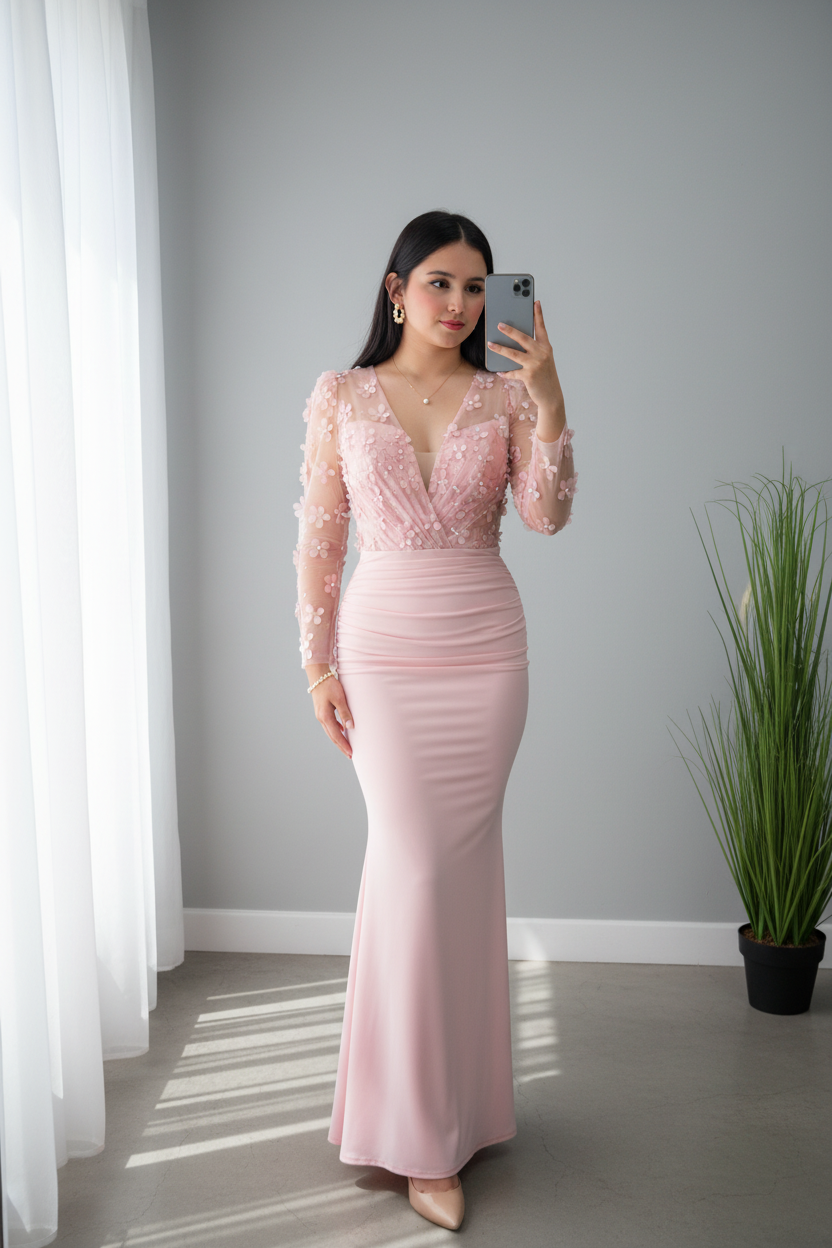 Vestido Rosa Palo Sirena Manga Larga Tul Flores 3D cod.V693