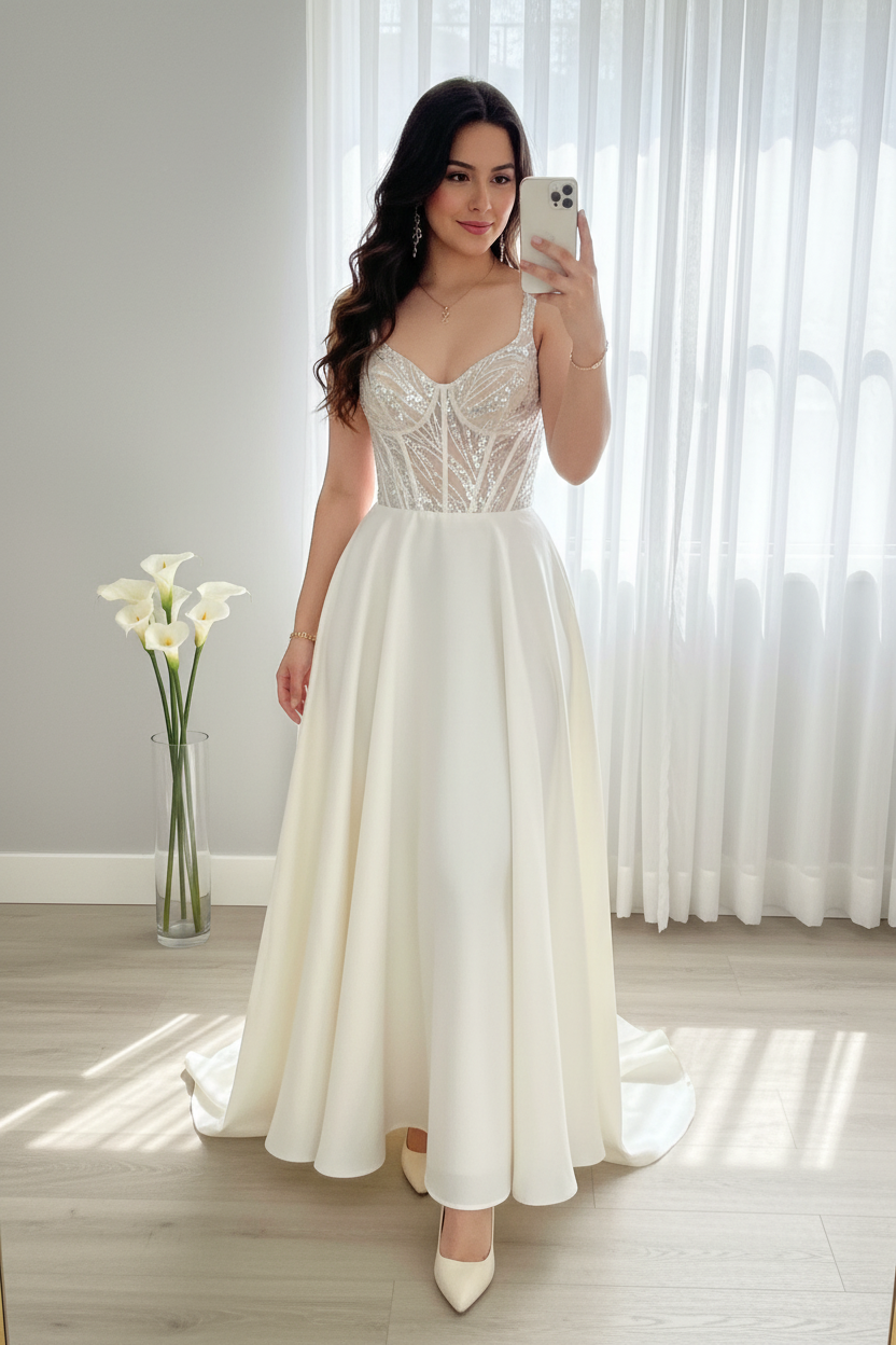 Vestido nupcial blanco corpino pedrería bordado falda A-line C.1941