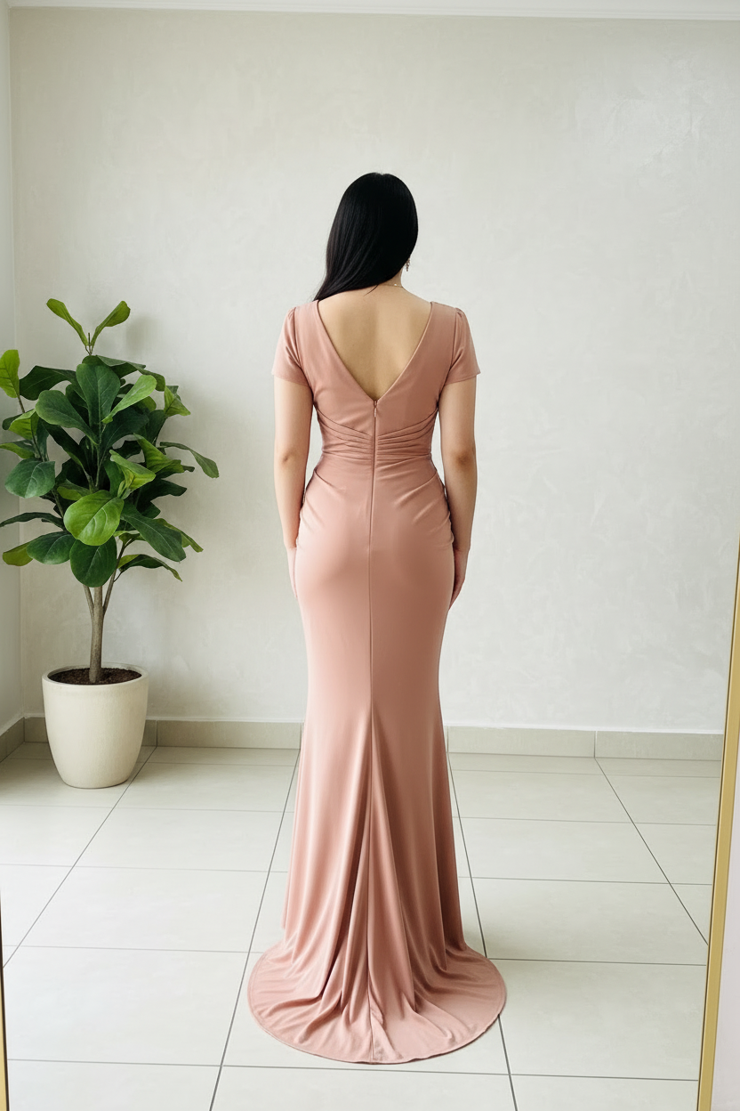 Vestido Sirena Rosa Palo con Drapeado Radial en Abanico. Cod.429
