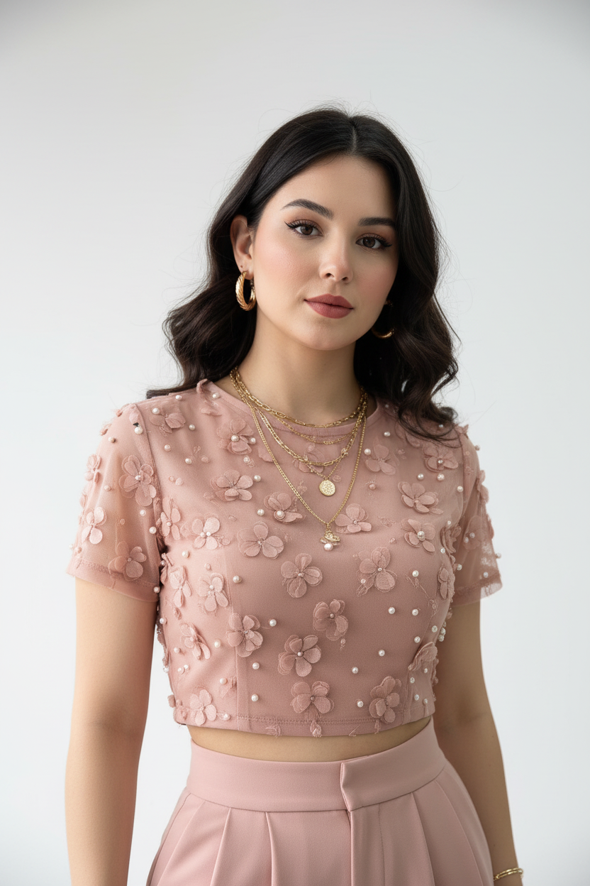 Conjunto Premium nude Pink : Top Crop con Flores 3D y Perlas + Pantalón Pierna Ancha cod.312