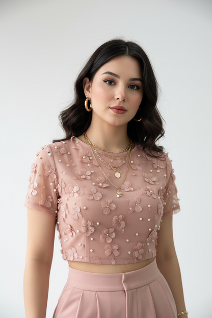 Conjunto Premium nude Pink : Top Crop con Flores 3D y Perlas + Pantalón Pierna Ancha cod.312