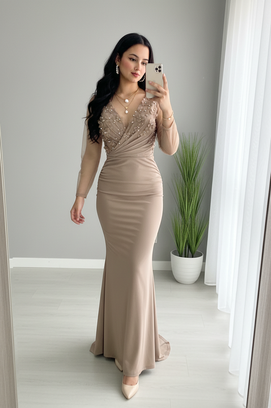 Vestido Beige Dorado Sirena Manga Larga Tul Flores 3D Perlas cod.V689