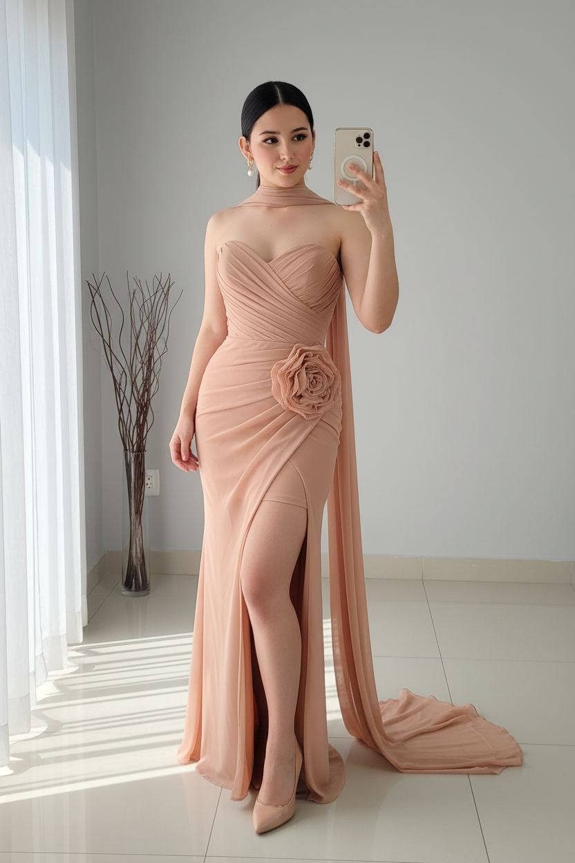 Vestido Nude Strapless Sirena con Flor 3D y Capa Chifón cod.V351