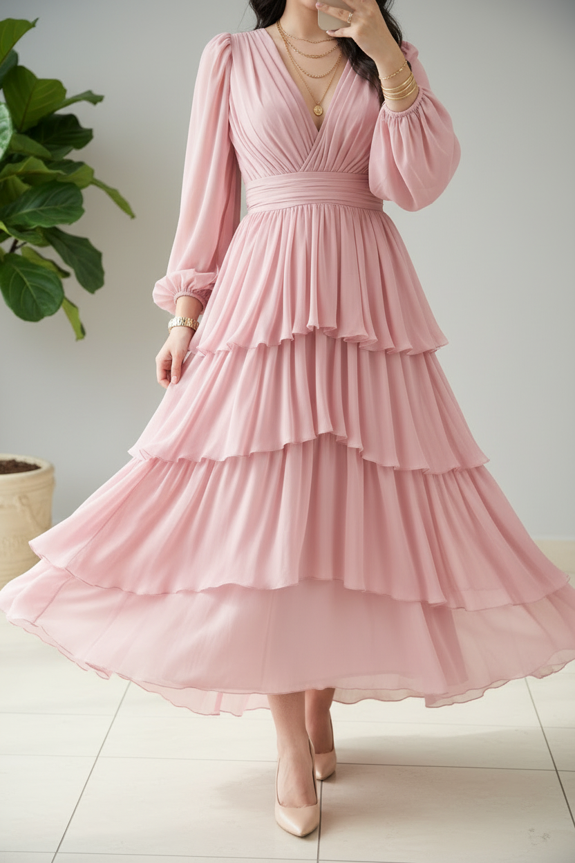 Vestido Romántico Rosa Palo con Volantes en Capas y Mangas Globo - Elegante Largo cod.356