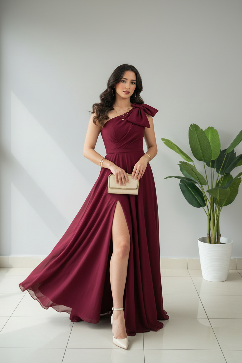 Vestido Largo Borgoña Un Hombro con Lazo y Abertura Frontal cod.423