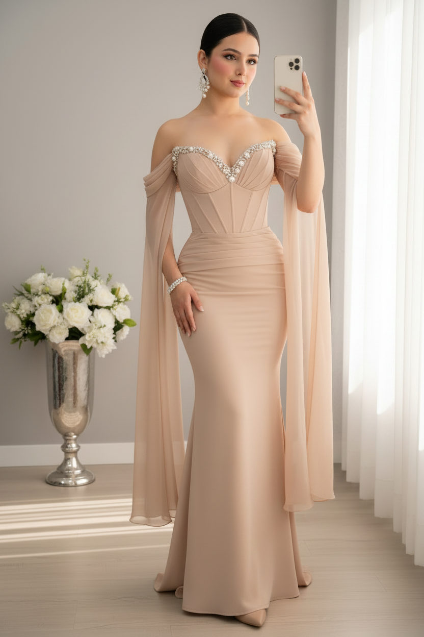 Vestido Largo Champagne Nude Off-Shoulder Corset con Cristales Perlas y Capa de Chifón cod.V 96