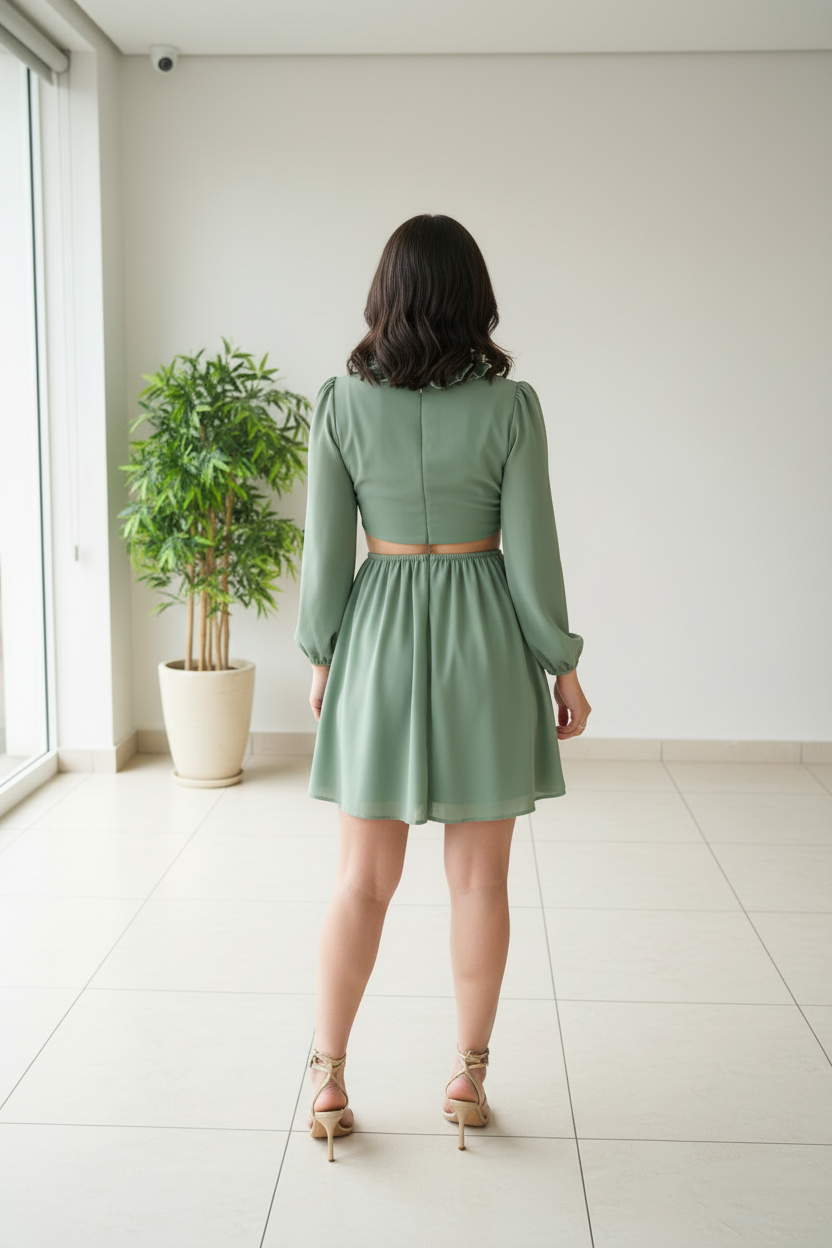 Vestido Verde Salvia Manga Larga , Cut-Out cod.460