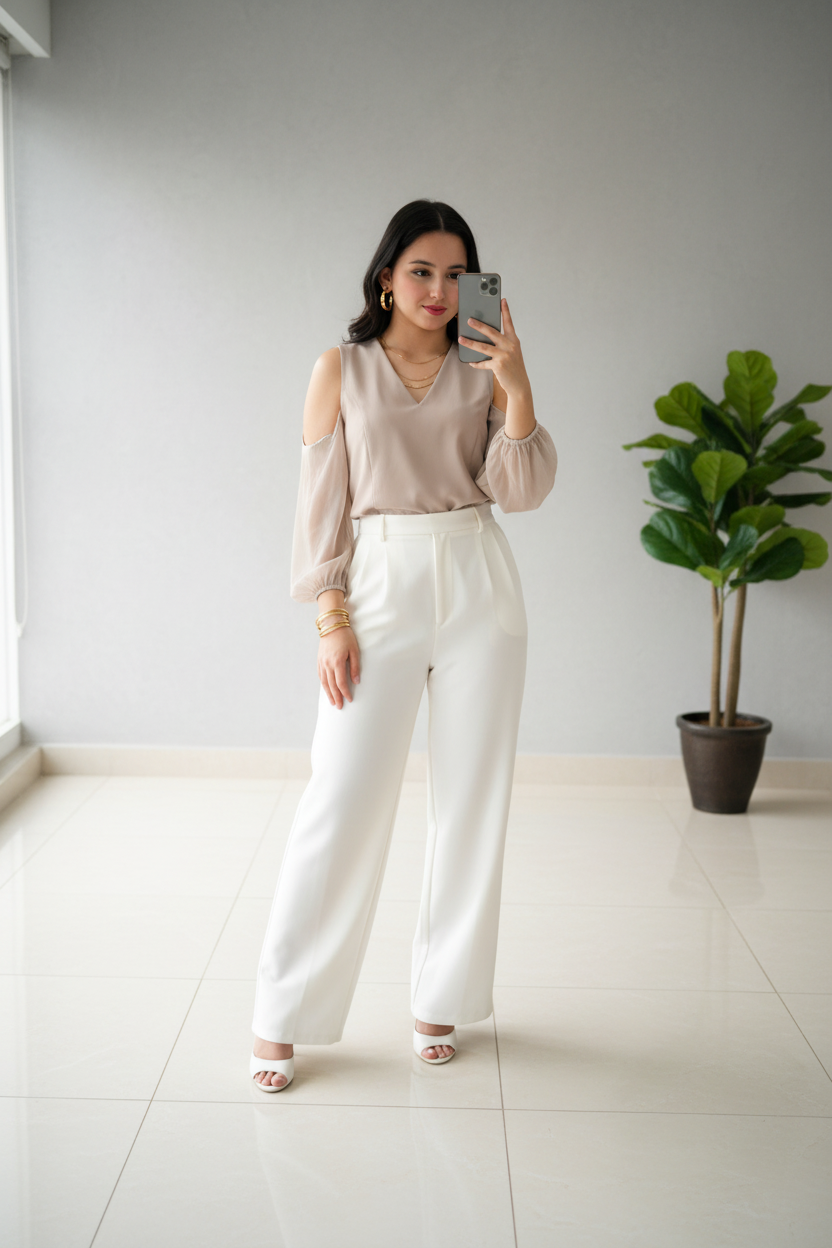 Blusa Beige Cold-Shoulder con Mangas Globo en Chifón cod.380