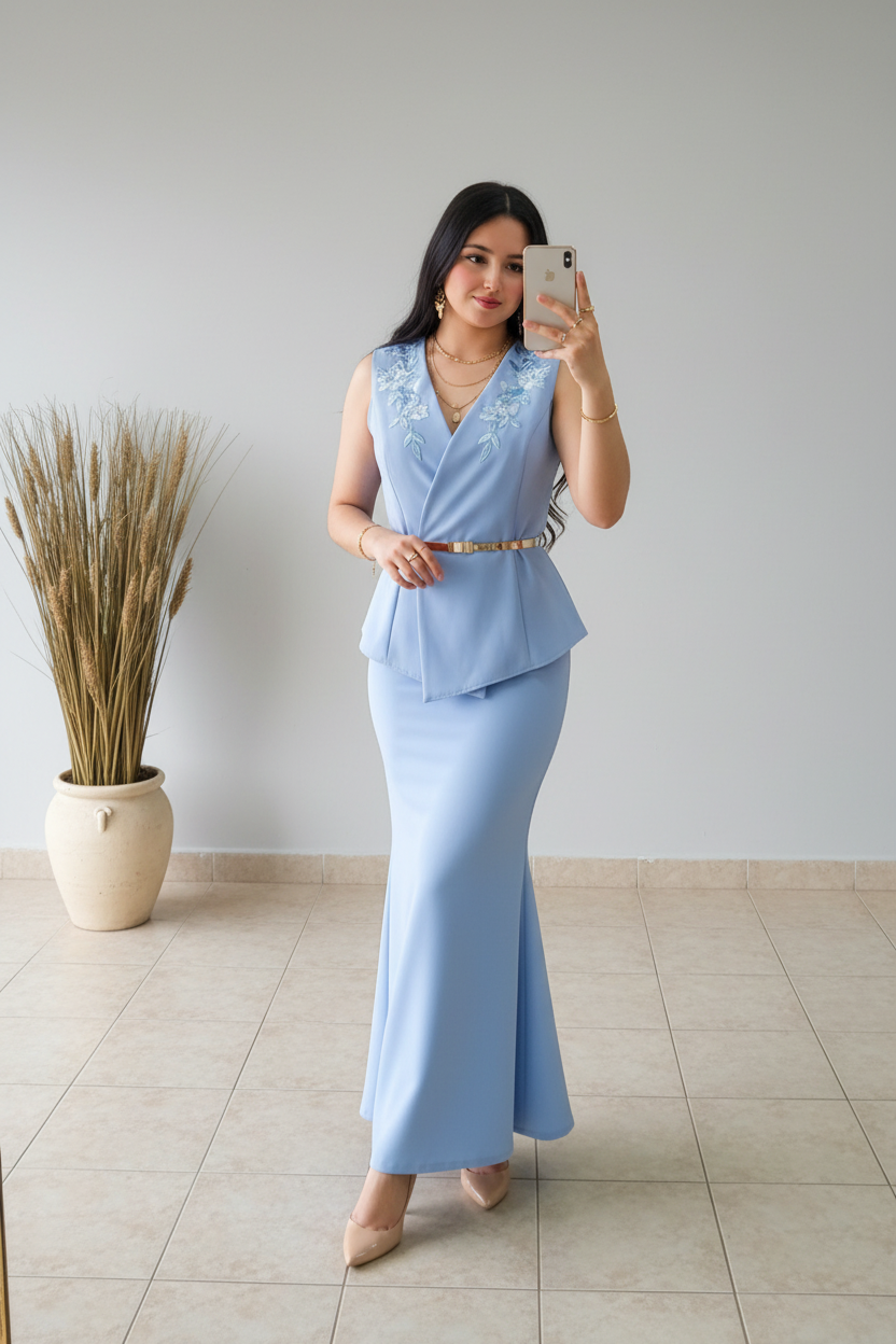 Conjunto Elegante Azul Celeste: con Bordado Floral + Falda Sirena - Sofisticado cod.342