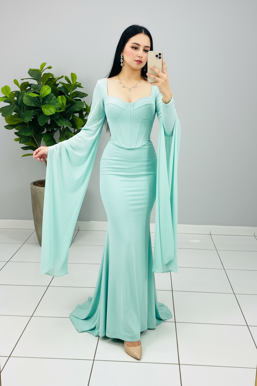 Vestido Verde Menta Corset con Mangas Campana Largas cod.647