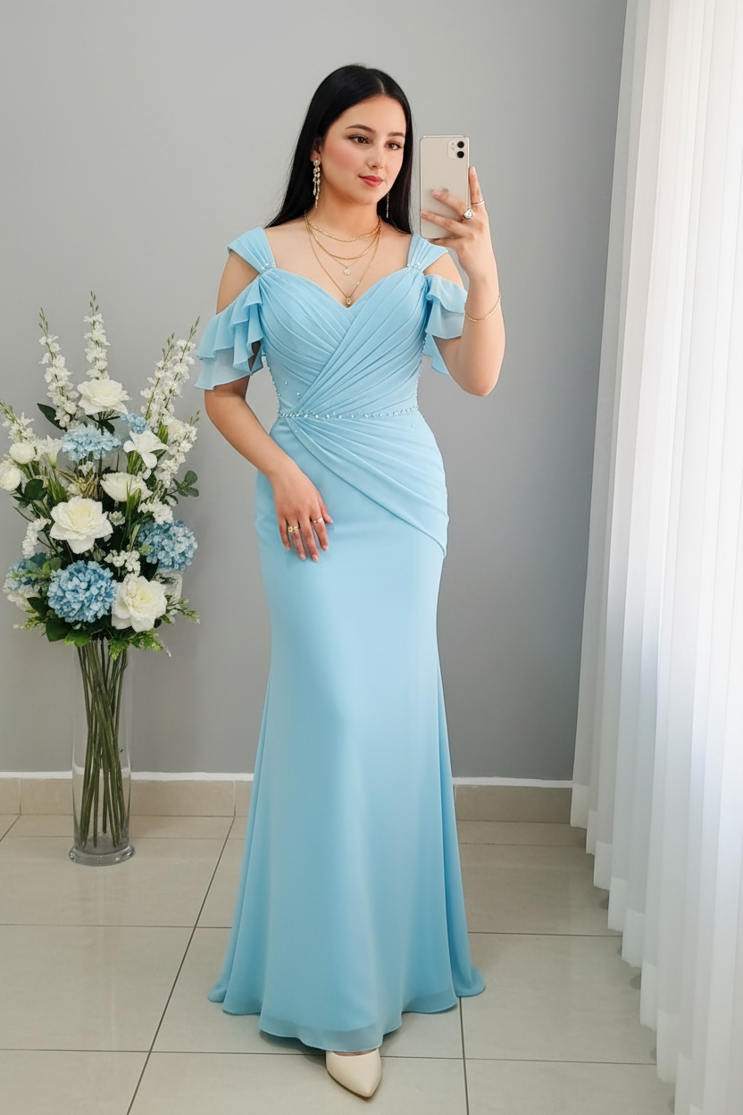 Vestido Sirena Azul Cielo | Cold-Shoulder con Volantes, Drapeado y Perlas cod.V515