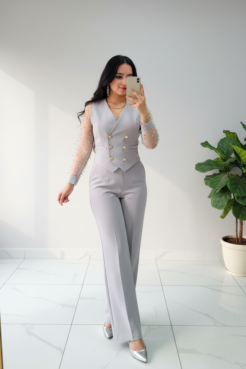 Conjunto Gris Perla Chaleco Doble Botonadura con Mangas Tul de Perlas cod.662