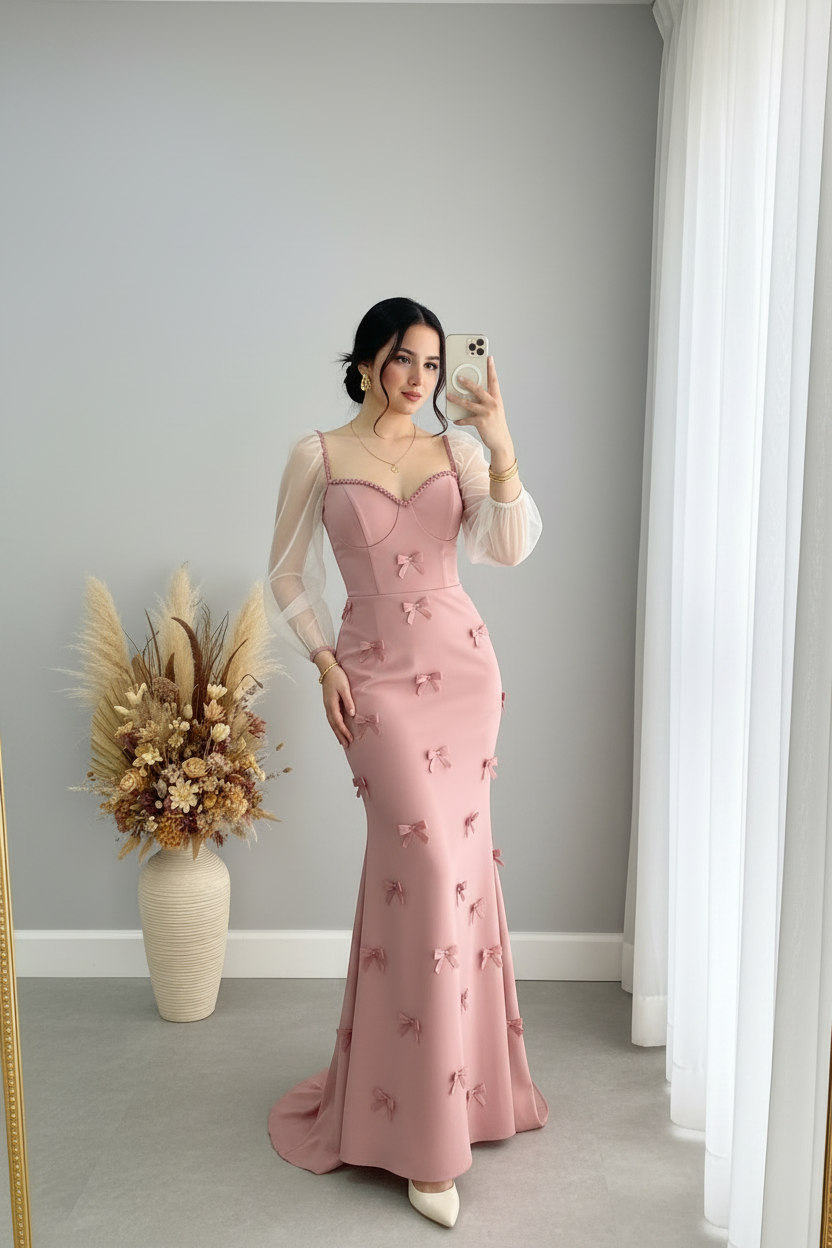 Vestido Rosa Lazos Mangas Largas