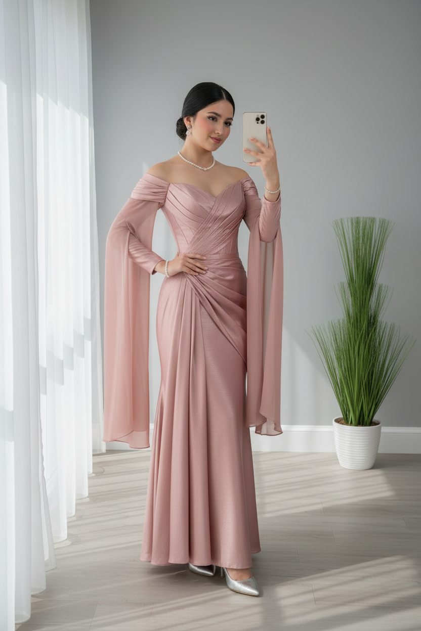 Vestido Rosa Palo Satén Off-Shoulder con Mangas Campana cod.667