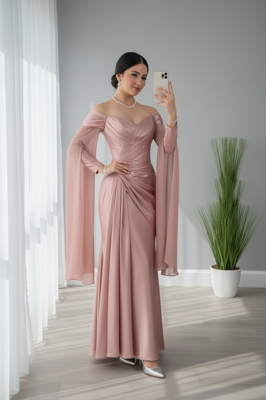 Vestido Rosa Palo Satén Off-Shoulder con Mangas Campana cod.667