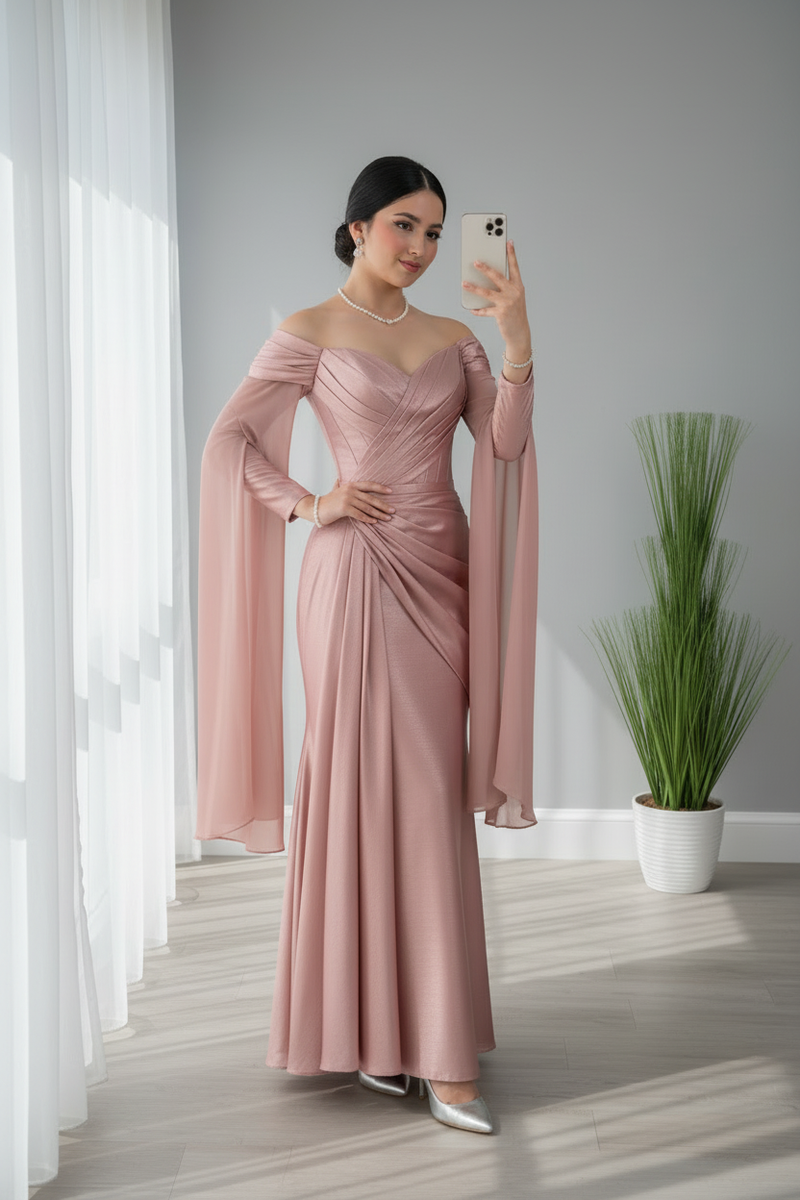 Vestido Rosa Palo Satén Off-Shoulder con Mangas Campana cod.667