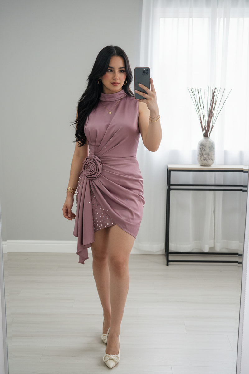 Vestido Corto Malva Sin Mangas Rosa 3D y Perlas cod.V719