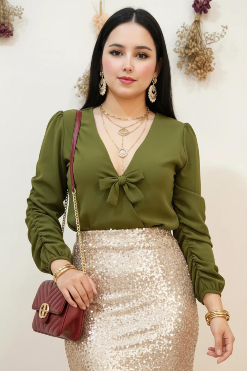 Blusa Verde Oliva con Moño y Mangas Fruncidas cod.292