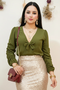 Blusa Verde Oliva con Moño y Mangas Fruncidas cod.292