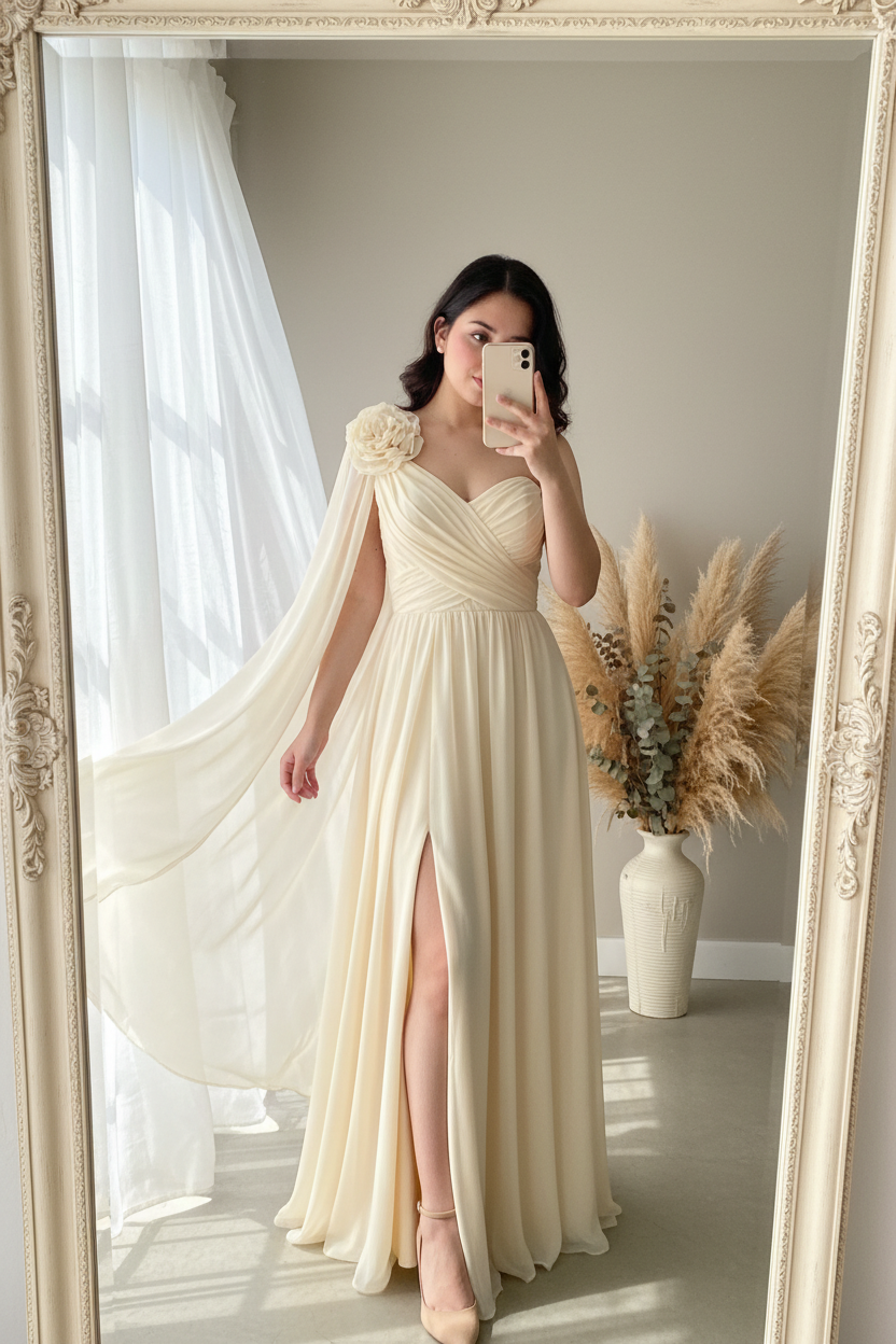 Vestido Crema Marfil One-Shoulder Chifón con Flor, Capa y Abertura cod.0082