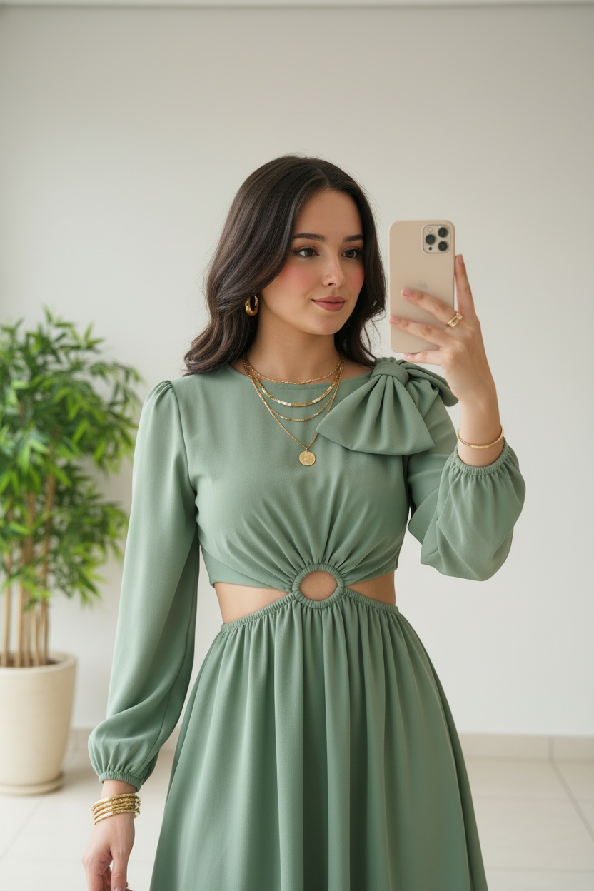 Vestido Verde Salvia Manga Larga , Cut-Out cod.460