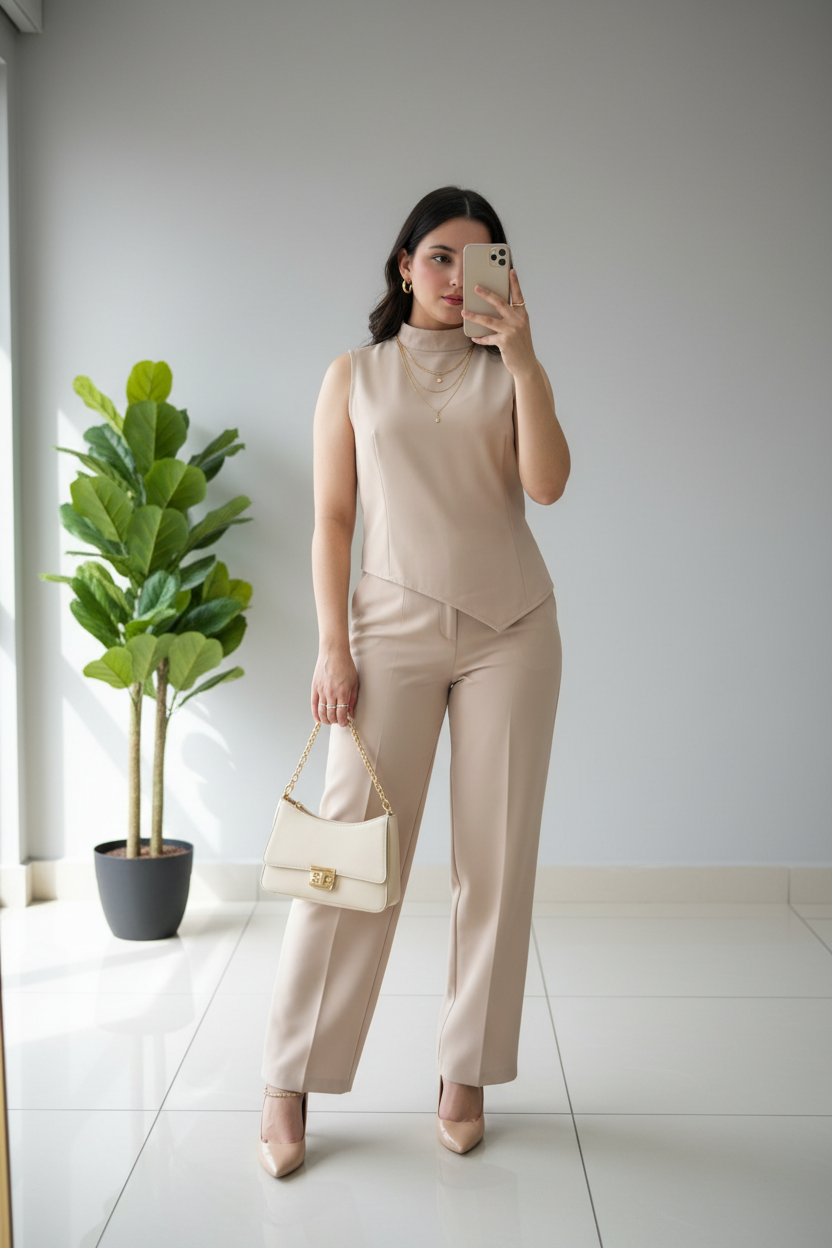 Conjunto Elegante Beige Nude: Top Cuello Alto + Pantalón Recto - Sofisticado Ejecutivo cod.349