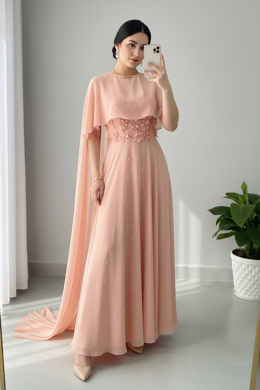 Vestido Rosa Perla — Capa Asimétrica cod.848