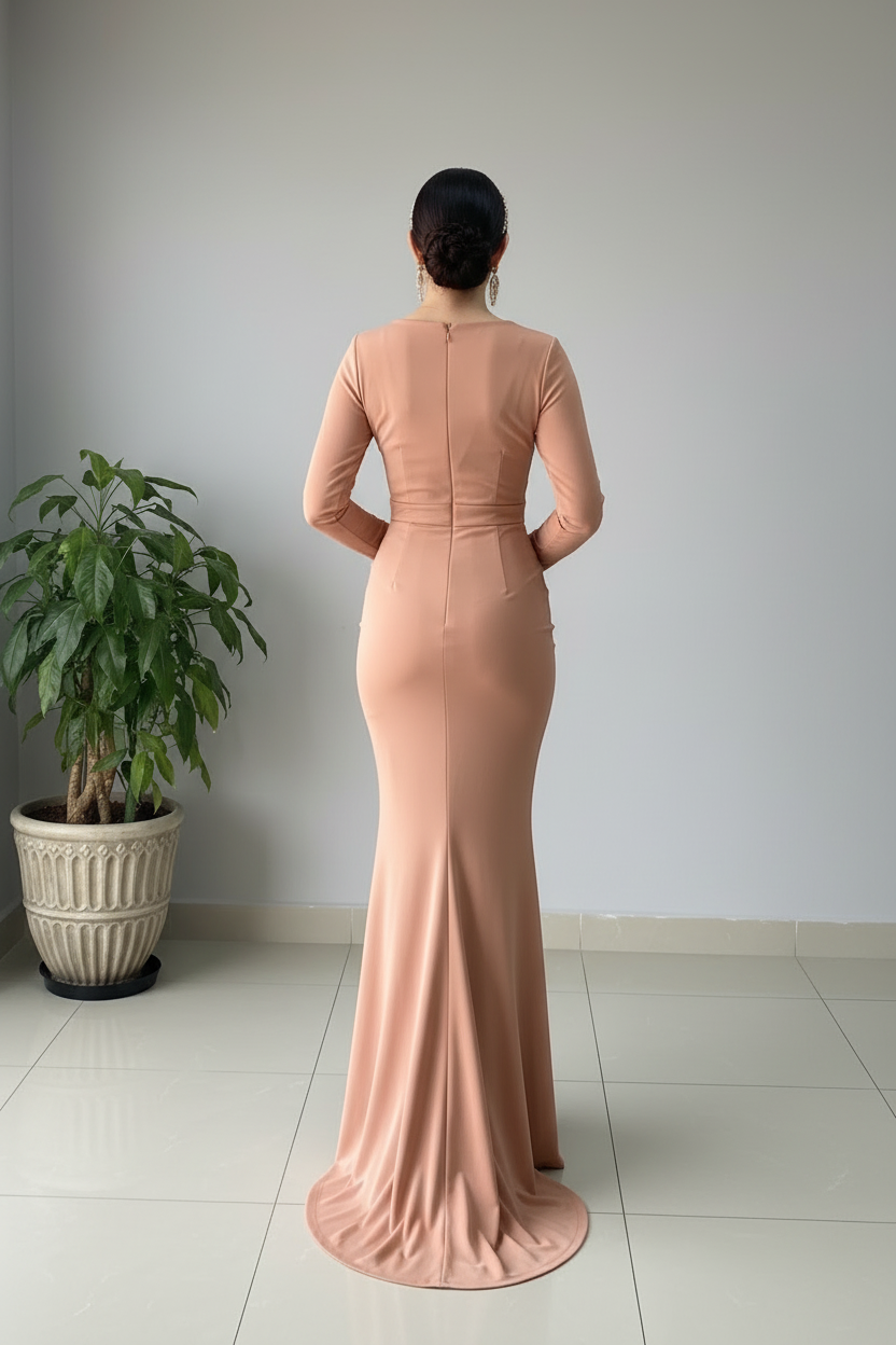 Vestido Largo Rosa Palo Escote V Cruzado Manga Larga Sirena con Cola cod.473