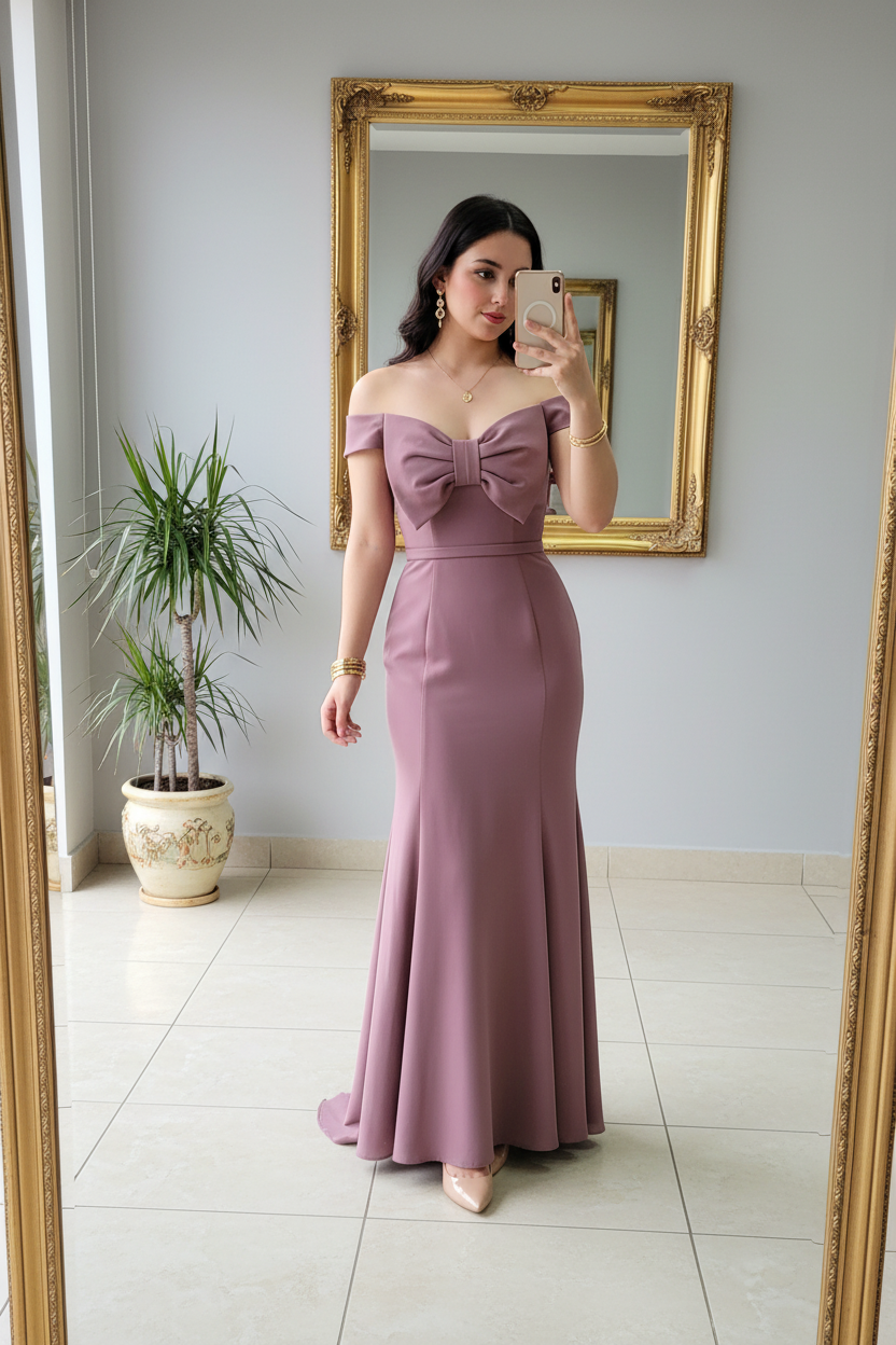 Vestido Sirena Mauve Off-Shoulder con Lazo Estructurado y Cola cod.425