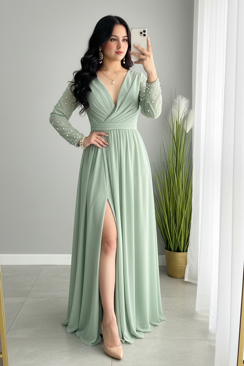 Vestido Verde Salvia Manga Larga Tul Perlas Abertura cod.V892