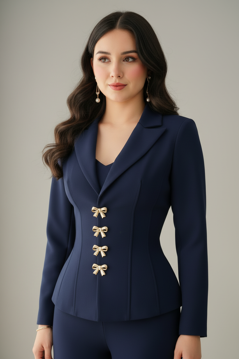 Conjunto Azul Marino Blazer Entallado Lazos Dorados y Pantalón Wide Leg — Elegante y Formal cod.0073