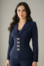Conjunto Azul Marino Blazer Entallado Lazos Dorados y Pantalón Wide Leg — Elegante y Formal cod.0073