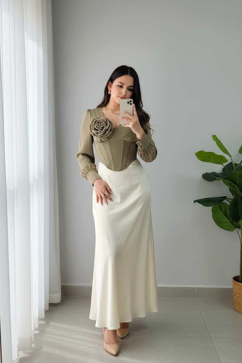 Conjunto Olive Rose – Corset Verde Oliva con Rosa 3D + Falda Satén Crema cod.689