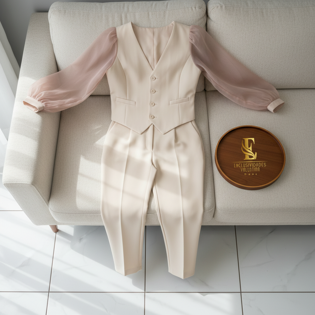 Conjunto Sastre Beige: Chaleco con Mangas Organza y Pantalón Recto cod.385
