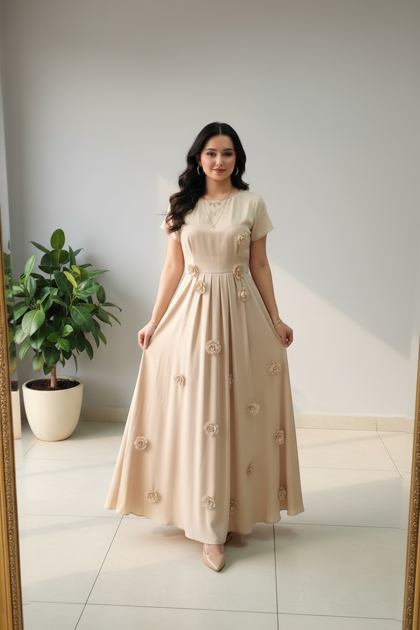 Vestido Largo Beige con Rosas 3D Dispersas cod.410