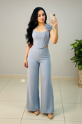 Conjunto Azul Cielo Top Corset con Rosa 3D y Pantalón Palazzo cod.474