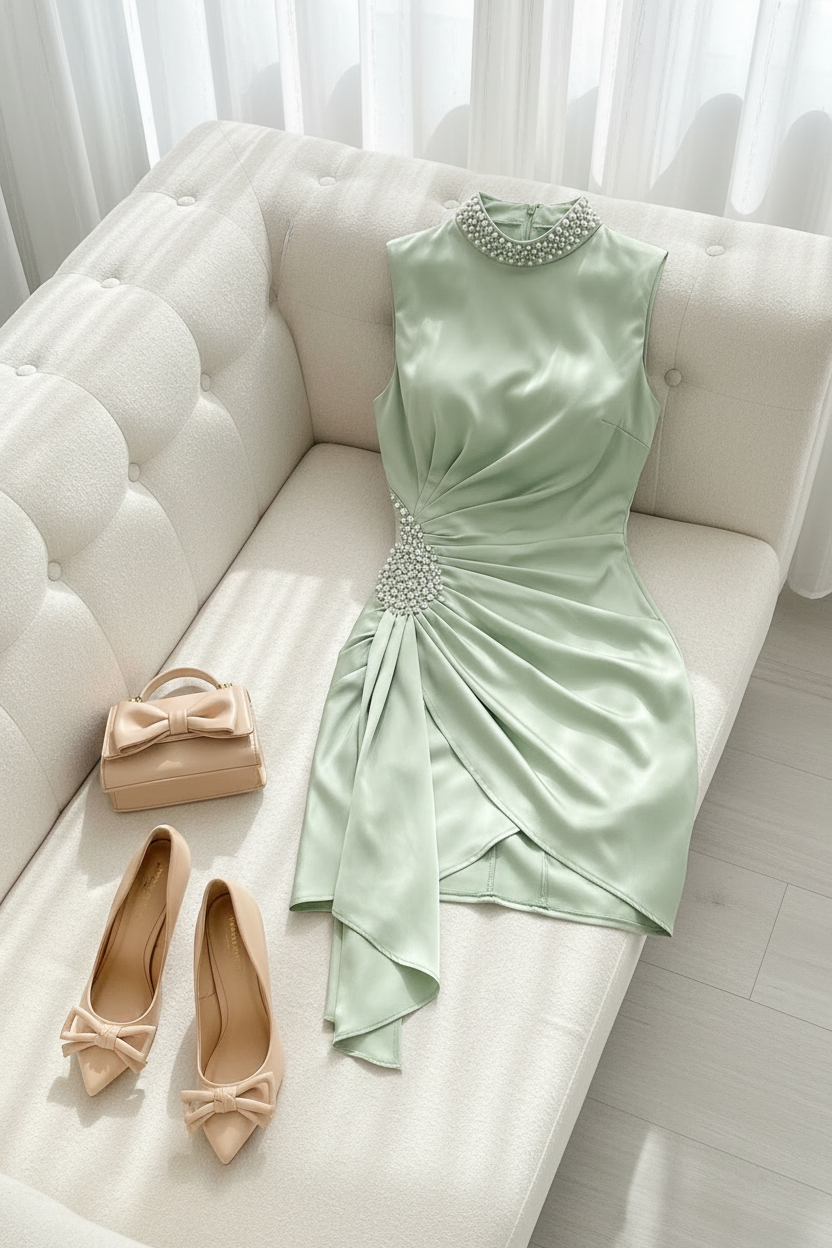 Vestido Verde Menta Perlas Drapeado Mini V751