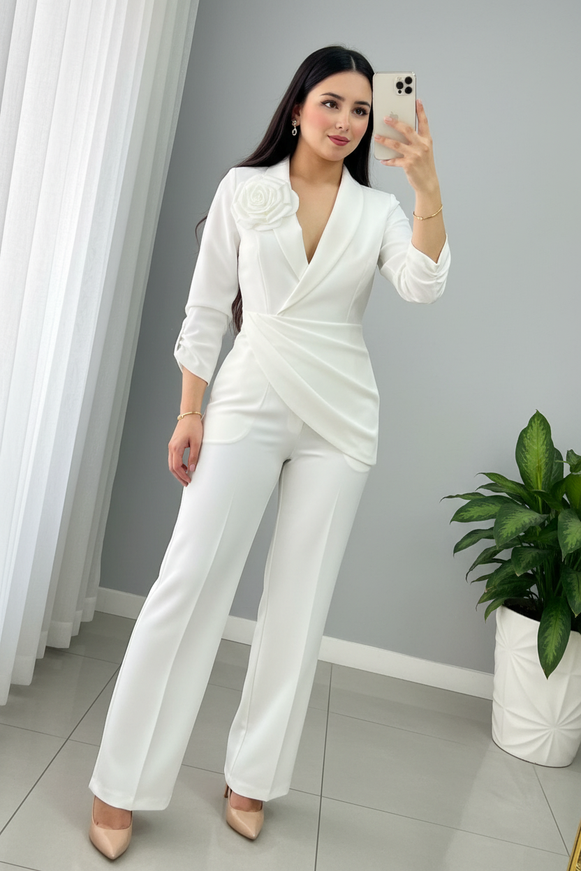 Conjunto Blanco — Blazer Cruzado Drapeado Rosa 3D & Pantalón cod.0040