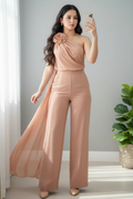 Conjunto Nude Salmón — Top Drapeado Un Hombro Rosa 3D con Capa & Palazzo cod.0045