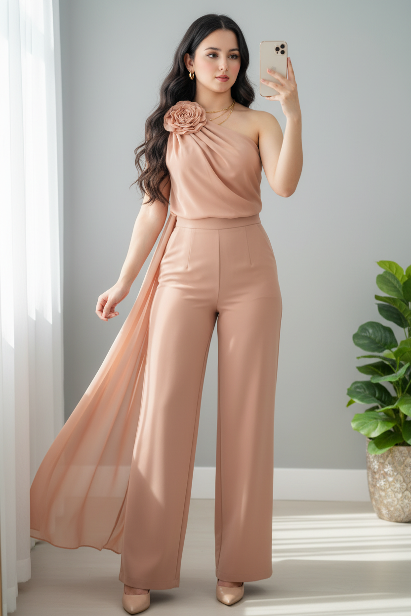 Conjunto Nude Salmón — Top Drapeado Un Hombro Rosa 3D con Capa & Palazzo cod.0045