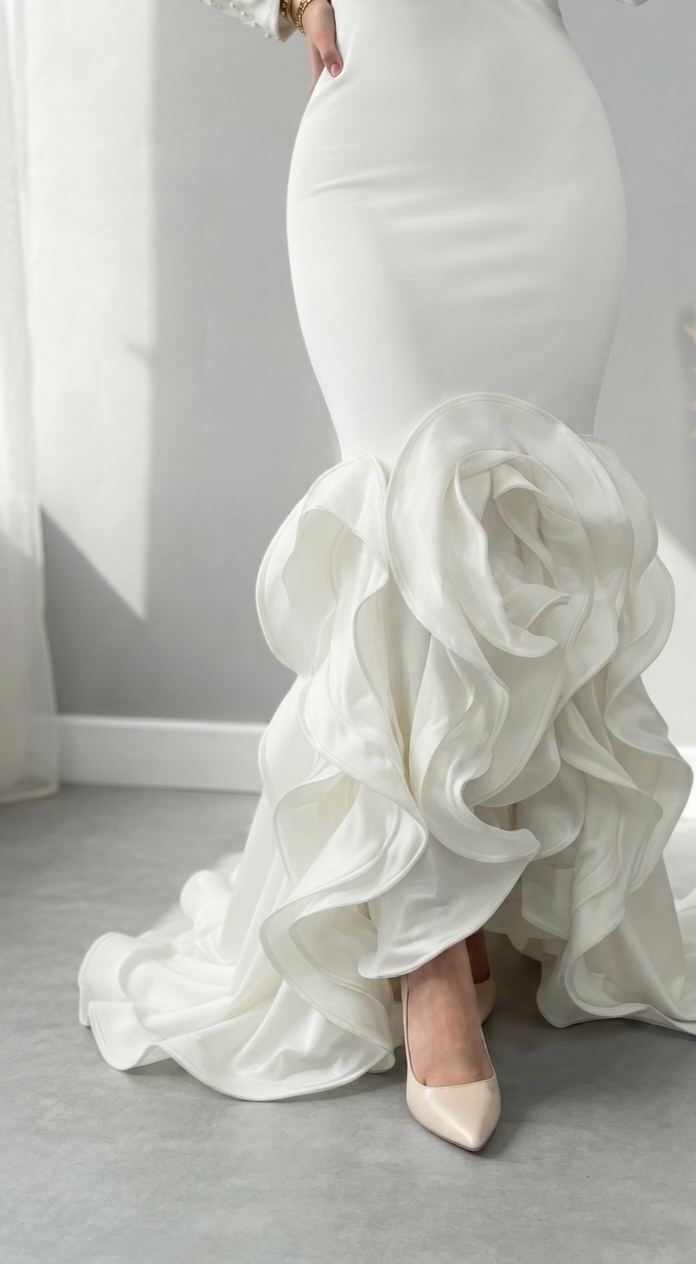 Vestido Sirena Blanco con Perlas y Falda de Volantes en Capas