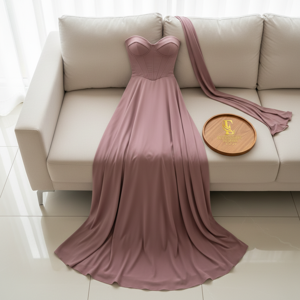 Vestido de Gala Rosa Malva con Corsé Estructurado y Capa One Shoulder - A-Line Largo cod.365