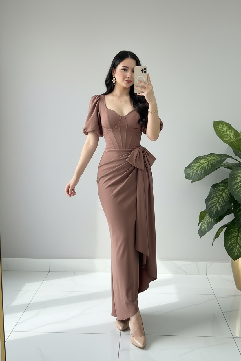 Vestido Mauve Corset con Mangas Globo y Lazo en la Cadera cod.659