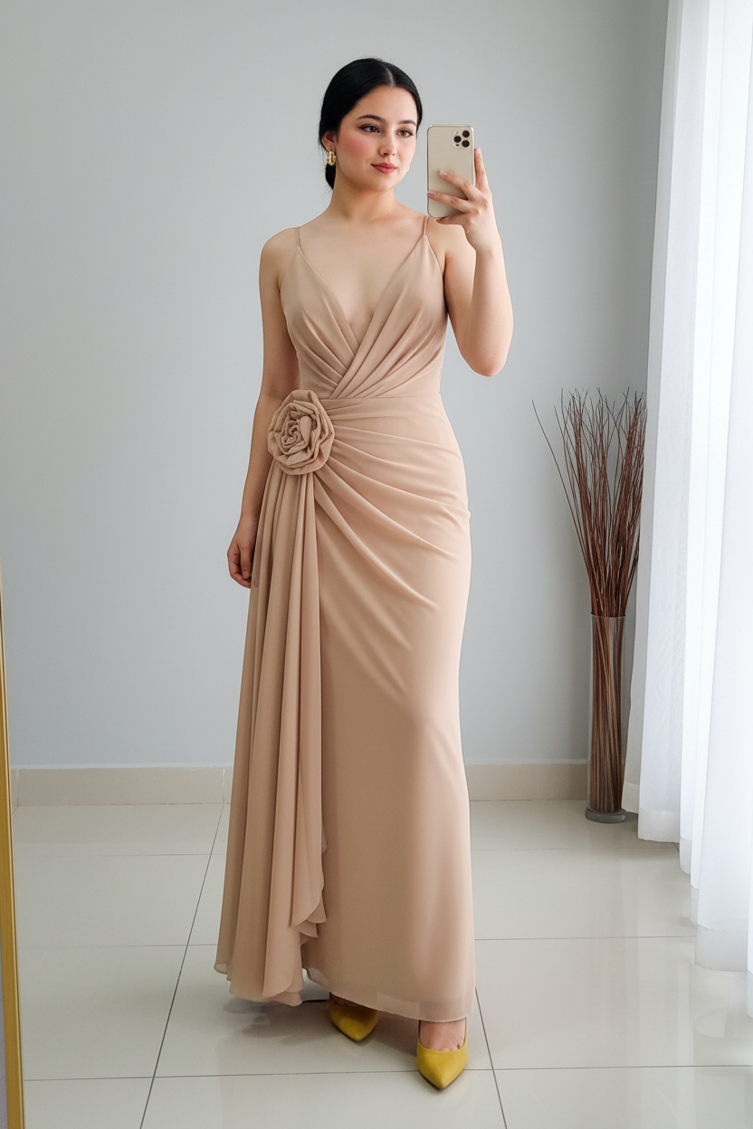 Vestido Nude Stretch con Flor 3D cod.V342