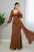 Vestido Café  con Corsét y Capa Chiffon cod.V669