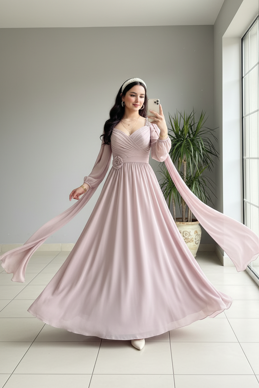 Vestido Rosa Blush con Mangas Ángel cod.405