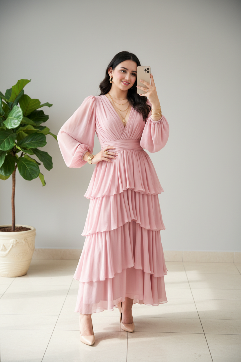 Vestido Romántico Rosa Palo con Volantes en Capas y Mangas Globo - Elegante Largo cod.356