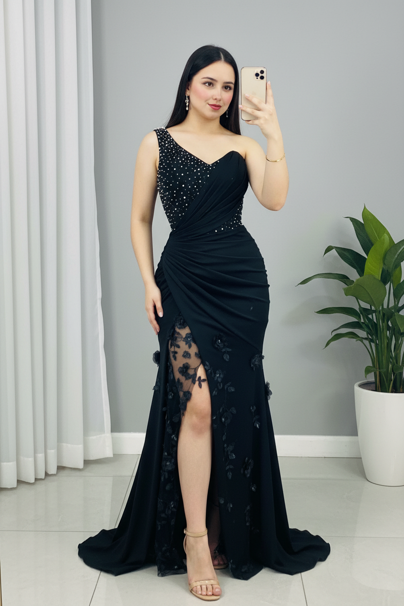 Vestido Maxi Negro Un Hombro con Cristales, Encaje y Flores D3 cod.V862
