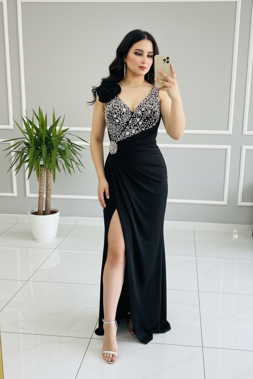 Vestido Formal Negro Escote V con Pedrería Asimétrica y Abertura Frontal cod.549